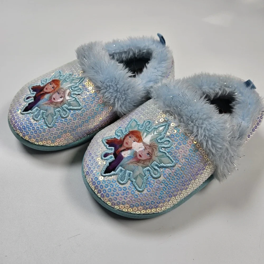 Disney Frozen 2 Girls Slippers Size 9/10 Elsa Anna Toddler Plush Sequin Faux Fur